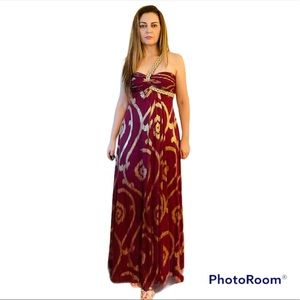 Betsy & Adam Maroon Gold One Strap Wedding Guest Maxi Dress Nightgown 6